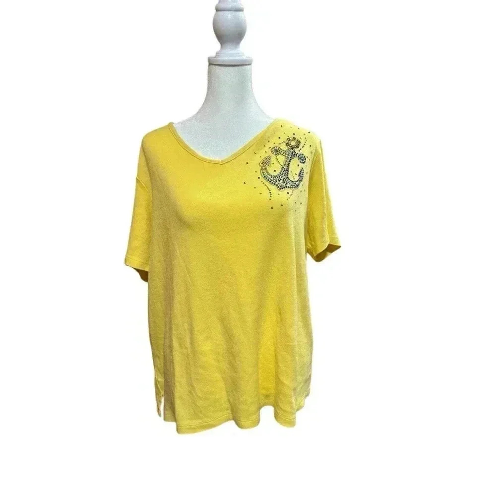 Quacker Factory Jeanne Bice QVC Women Top Large‎ Tee Rhinestone Nautical Anchor